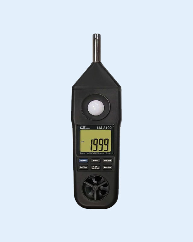 LM-8102 A device that measures air speed, temperature, humidity, light intensity, and sound intensity