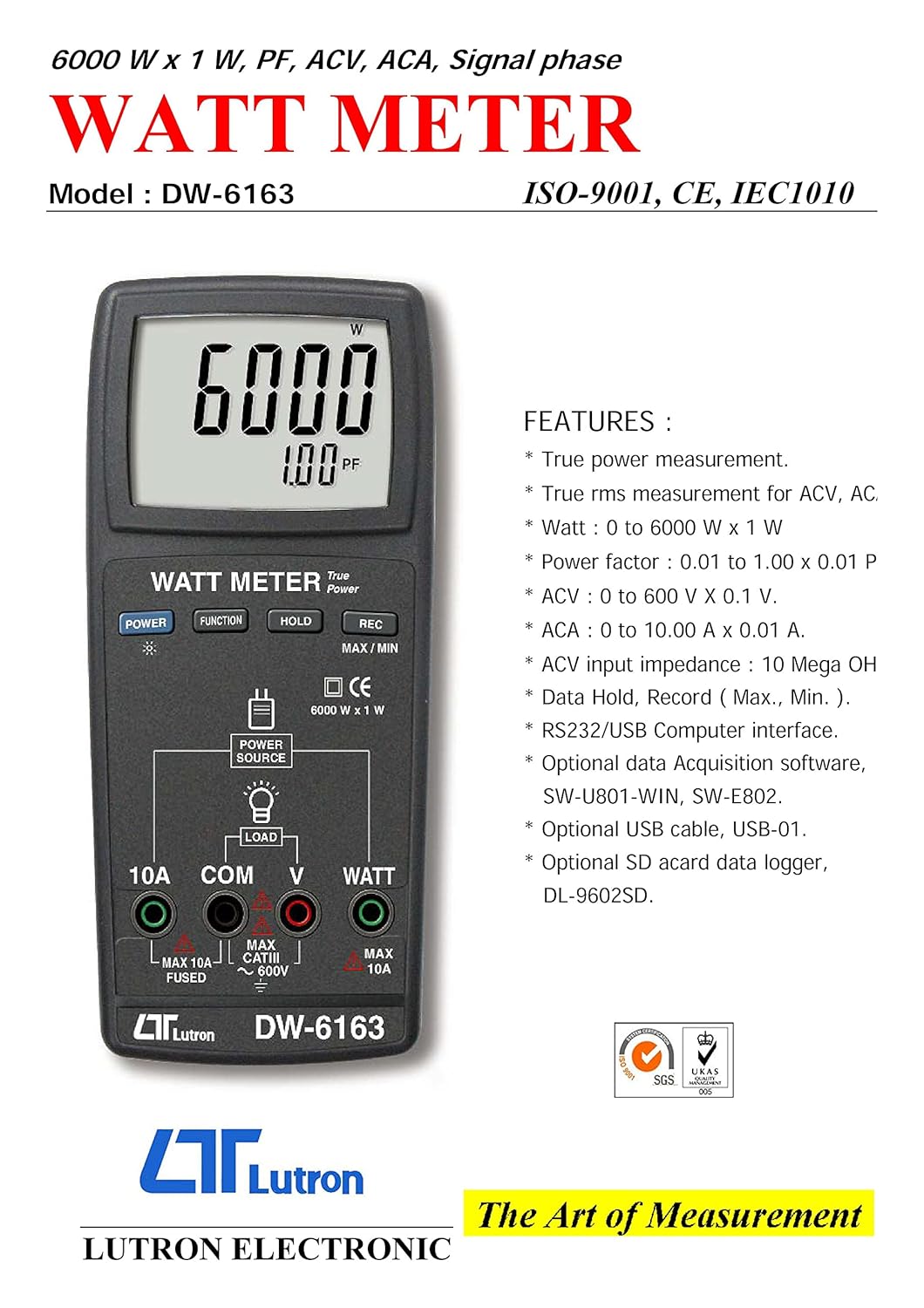 True RMS Wattmeter 6000W Lutron DW-6163